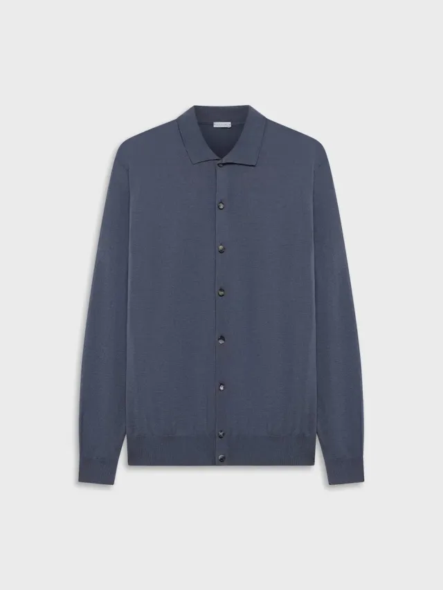 Caruso Butterfly polo cardigan seta e cotone blu