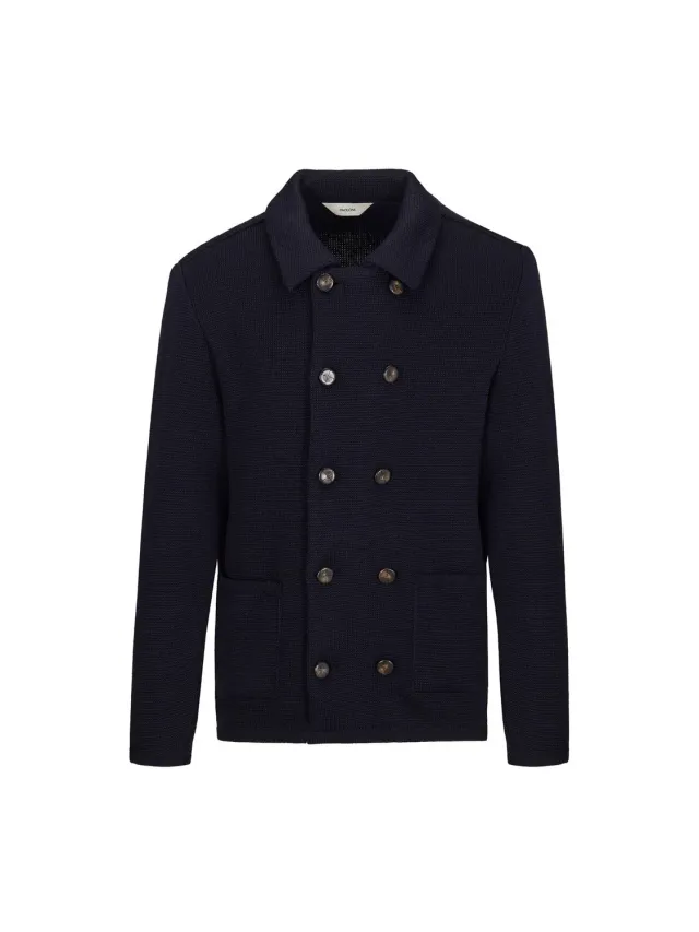 Paoloni Giaccone doppiopetto in maglia misto lana blu