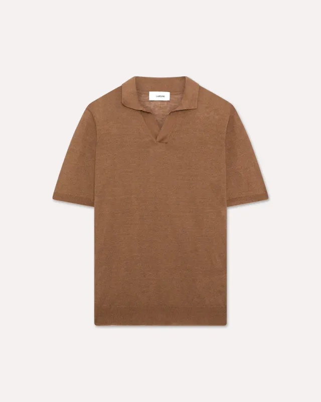 Lardini Polo in Maglia Marrone Lino e Cotone