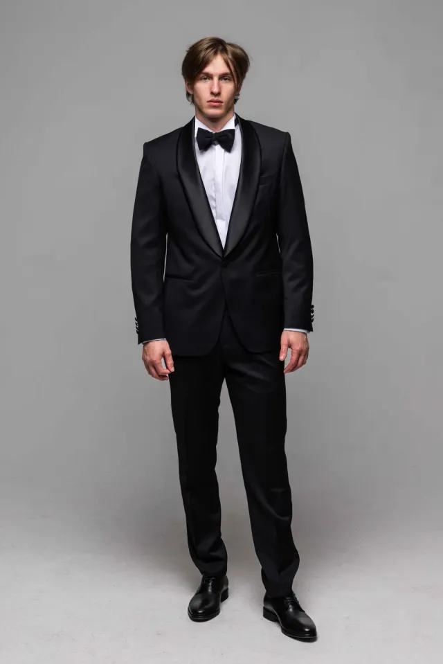 Alain Delon Smoking Nero Lana Slim Fit Rever Scialle