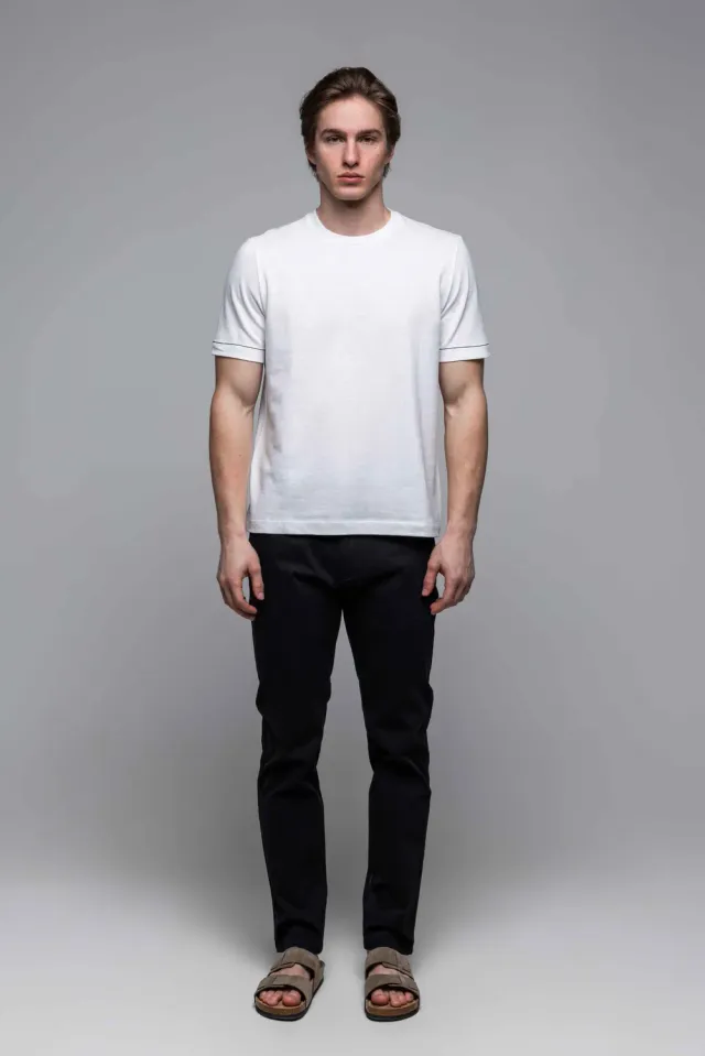 Alain Delon T-Shirt Bianca Cotone Lino Bordi Neri