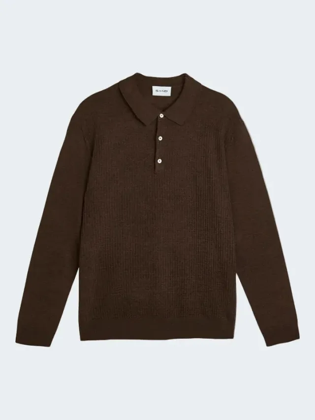 Sand Menswear Retro Polo lana merino marrone manica lunga