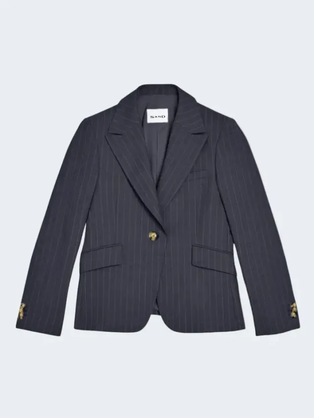 Sand Pinstripe Longer Wool Blazer Blu Navy