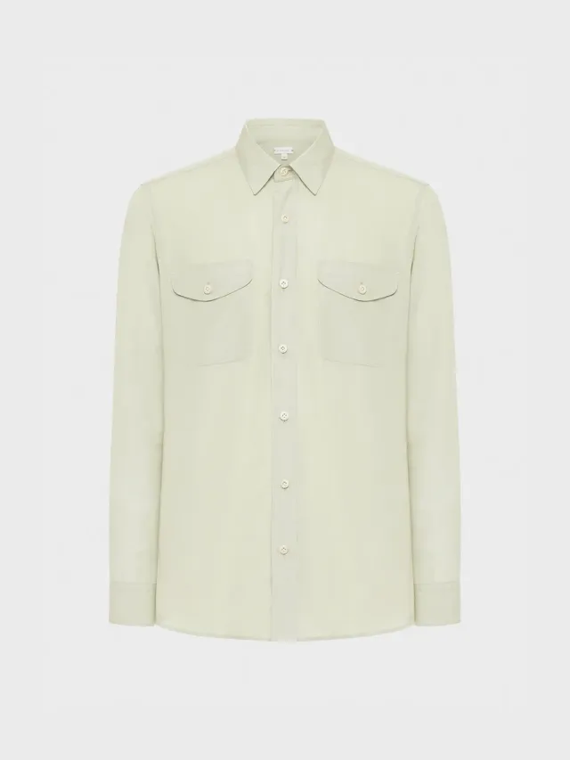 Caruso Camicia Tencel Verde Salvia Doppio Polsino