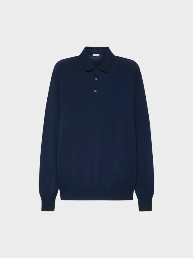Caruso Polo Maniche Lunghe Cotone Blu Navy Costine
