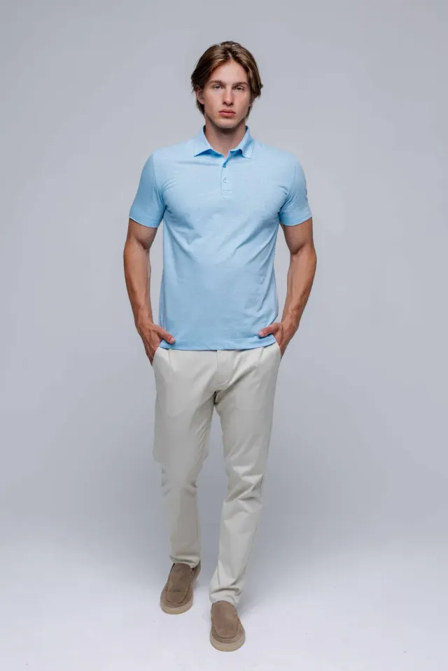 Alain Delon Polo Azzurra Lino e Cotone Manica Corta