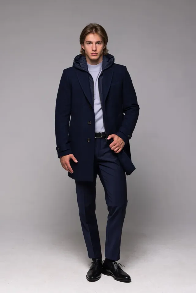 Alain Delon cappotto lana blu slim fit con cappuccio