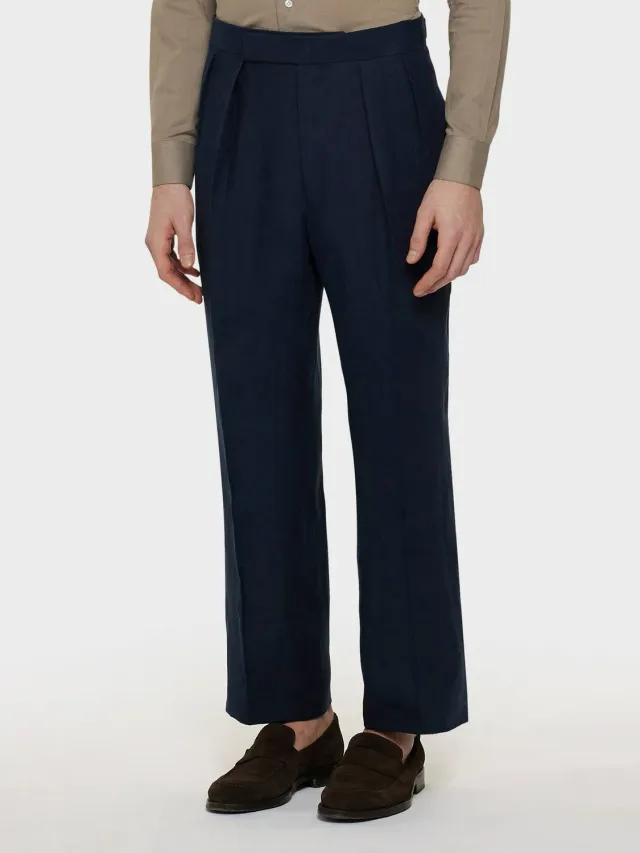 Caruso pantalone in lino blu navy vita alta