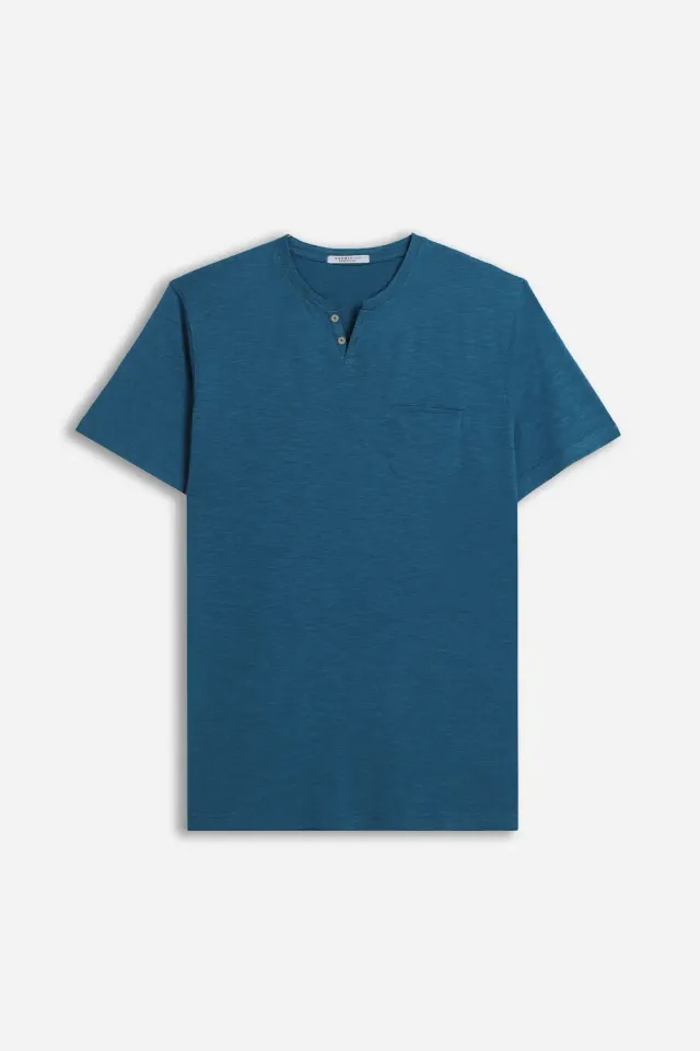 Sonny Bono T-Shirt Collo a Goccia Slub Ottanio