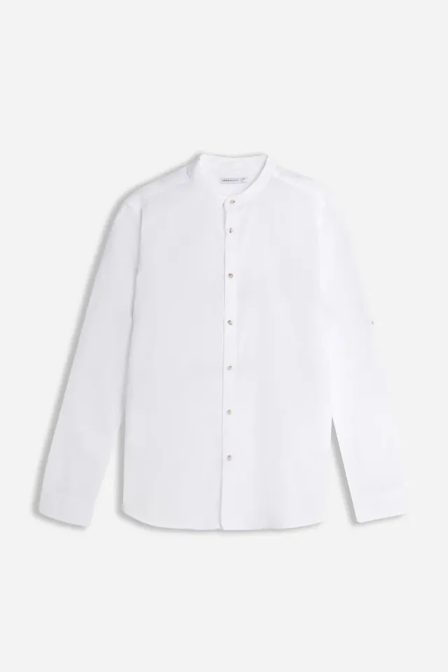Sonny Bono Collo Coreano Cotone Slub Camicia Bianco