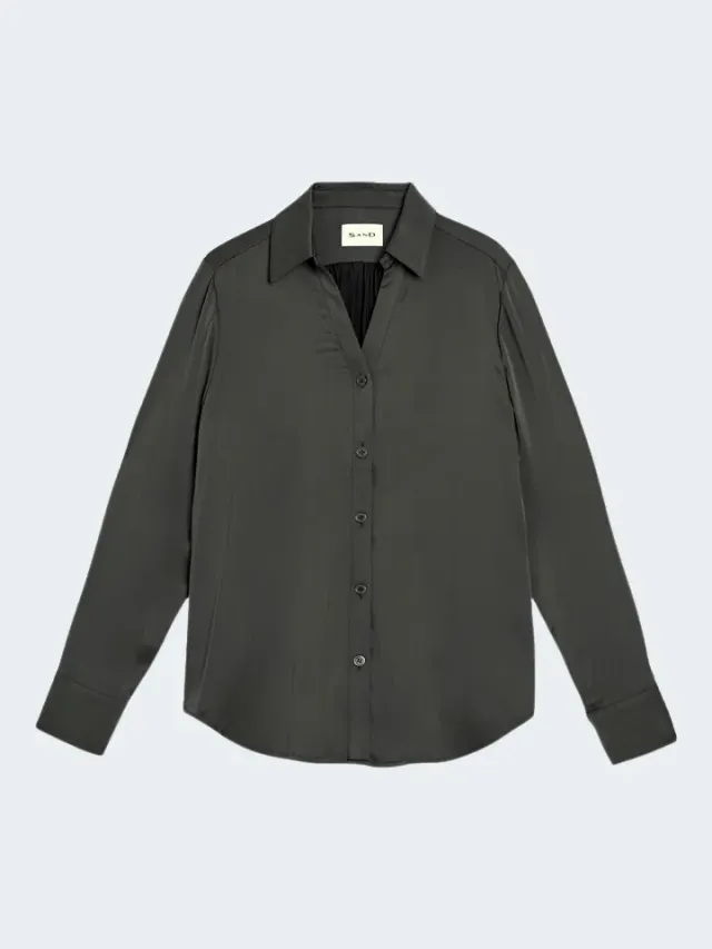 Sand Menswear Matt Latia V camicia seta stretch grigia collo skipper