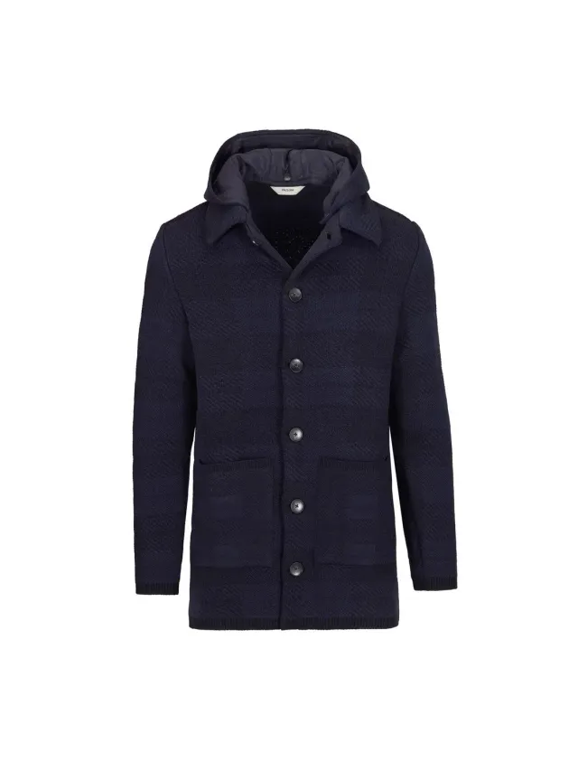 Paoloni Cappotto in maglia check misto lana blu