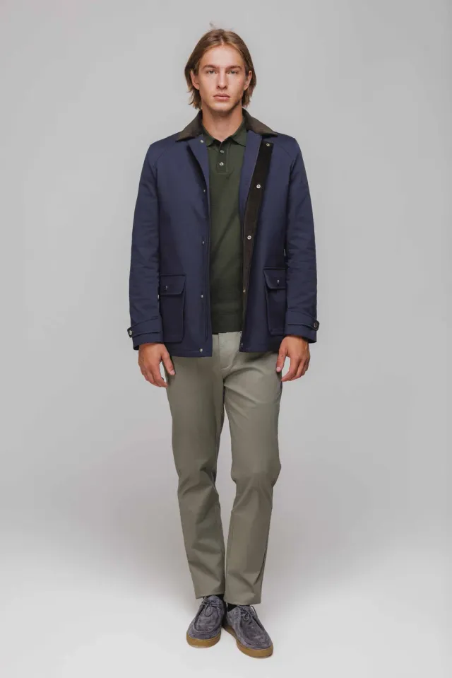 Alain Delon giacca blu gabardine collo velluto mezza stagione