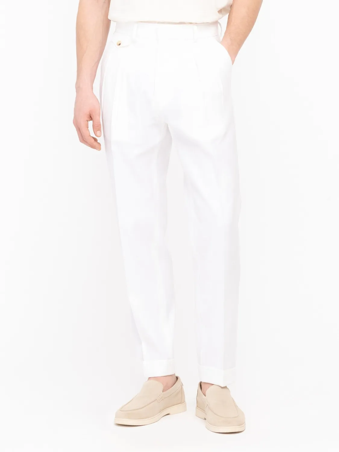 Paoloni Pantalone doppia pinces denim lino bianco