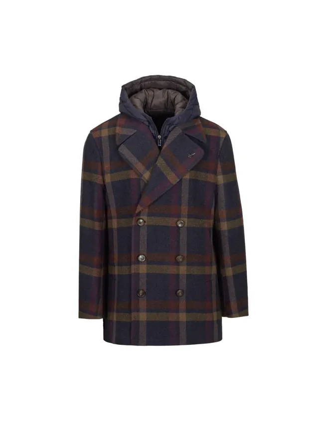 Paoloni Peacoat overcheck blu misto lana cappuccio
